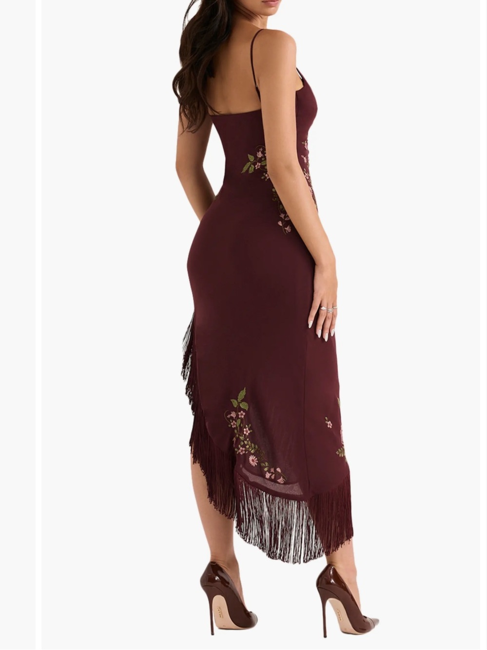 HOUSE OF CB Eloisa Asymmetric Midi Slipdress Spaghetti Strap Floral Fringe SZ S - Picture 3 of 8